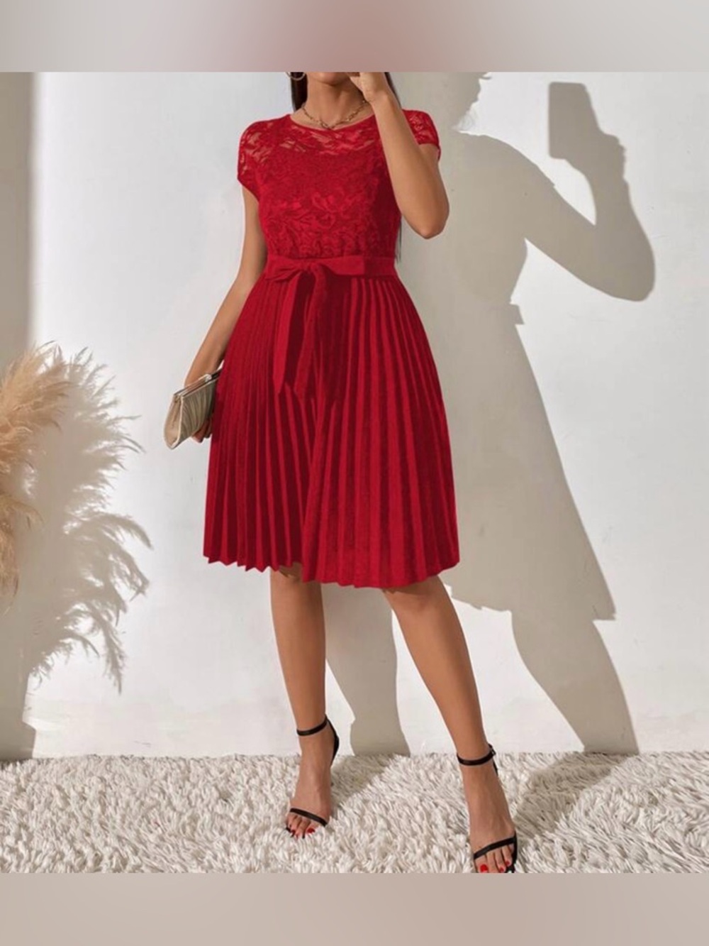 Red Lace Top Pleated Skirt Dress with Waist Tie